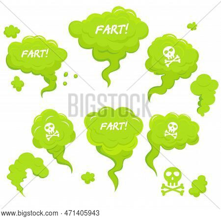 Green Toxic Fart. Green Cartoon Clouds Of Gas With Comic Style Text Fart . Stinky Clouds Set. Flatul