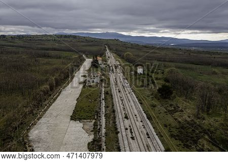 Aerial Drone View Landscape Abandoned Train Station In 