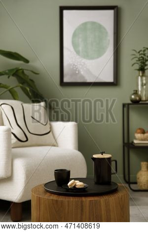Stylish Composition Of Living Room Interior With Mock Up, Green Wall, White Armchair With Brown Pill