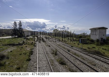 Aerial Drone View Landscape Abandoned Train Station In \