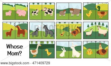 Whose Mom Educational Game For Kids. Mother And Baby Matching Activity