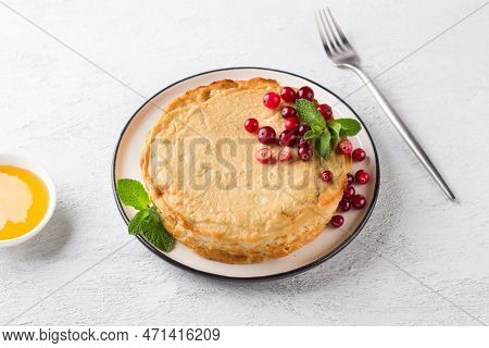 Homemade Healthy Low Calorie Cottage Cheese Casserole With Apple Served With Fresh Cranberries, Mint