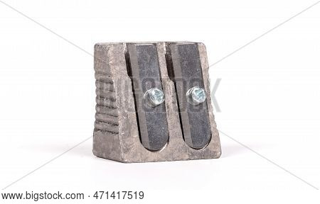 Old Manual Metal Pencil Sharpner On White Background