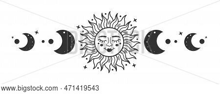 Sun Surrounded By Crescent Moon With Moon Phases Isolated On White Background. Sun And Moon Boho Mys