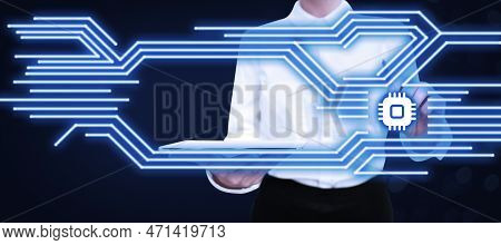 Lady In Office Suit Holding Tablet And Pen. Pointing On Fufturistic Element On Screen. Image With Co