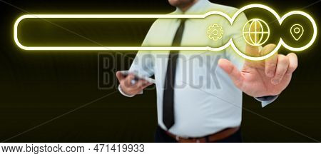 Man In Office Shirt Satnding And Holding Mobile Phone. Businessman Pressing Virtual Button With His 