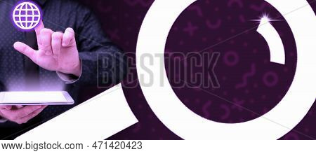 Human In Office Suit Holding Mobile Phone And Pressing On Virtual Button With Finger. Futuristic Ima