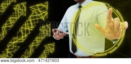 Man In Office Shirt Satnding And Holding Mobile Phone. Businessman Pressing Virtual Button With His 