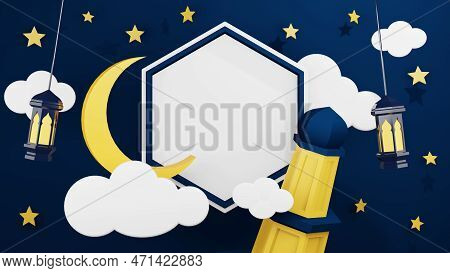 Ramadan Kareem - Eid Mubarak. 3d Rendering Ramadan Background With Mosque And Star Moon Ornament, Is