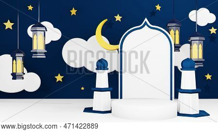 Ramadan Kareem - Eid Mubarak. 3d Rendering Ramadan Background With Mosque And Star Moon Ornament, Is