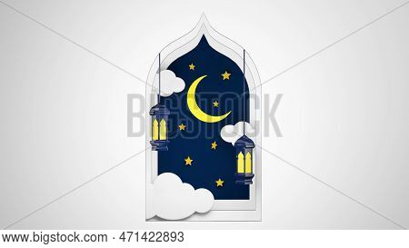 Ramadan Kareem - Eid Mubarak. 3d Rendering Ramadan Background With Mosque And Star Moon Ornament, Is
