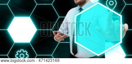 Man In Office Shirt Satnding And Holding Mobile Phone. Businessman Pressing Virtual Button With His 