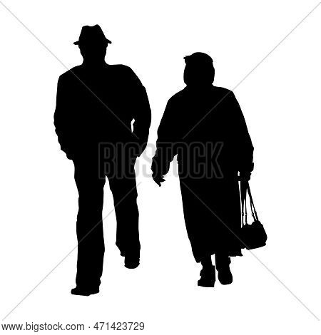 Senior Silhouette Isolated On White Background. Old Couple Walk Outdoors. Grandfather And Grandmothe