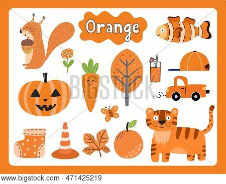 Set Of Orange Color Objects. Primary Colors Flashcard With Orange Elements