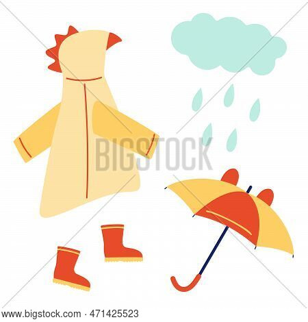 A Set Of Children's Clothing - Raincoat, Umbrella, Rubber Boots. A Cloud With Droplets. Vector Illus