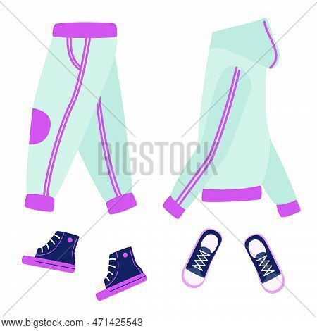 Collection Of Women's Clothing.vector Illustration Of Blue Jeans, Sports Jackets, Sneakers In Cartoo