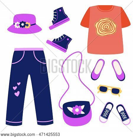 A Set Of Clothes And Shoes - Jeans,t-shirt, Sneakers, Shoes, Glasses, Handbag, Panama Hat. Vector Il