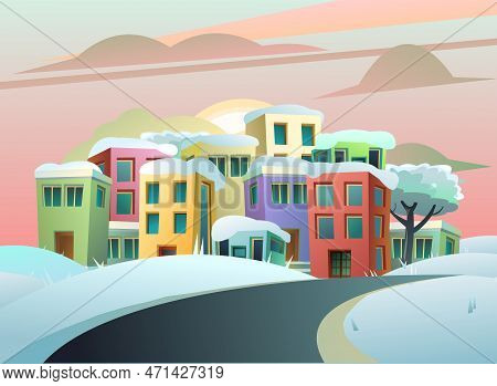 Road Near Small Cozy Town. Winter Landscape With Drifts And Snow. Homes And Offices. Cartoon Fun Sty