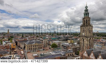 Groningen, The Netherlands - July 7, 2022: Cityscape Dutch Medieval City Groningen With Martinitower