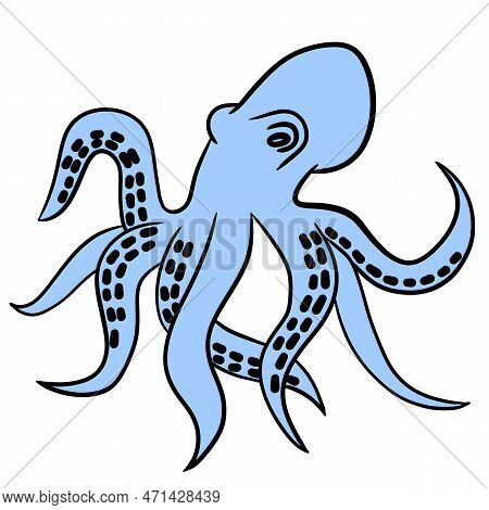 Hand Drawn Illustration Of Sea Ocean Blue Octopus With Tentacles. Simple Cartoon Drawing Of Wild Sea