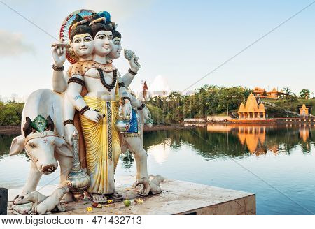 Three Gods Dattatreya Trimurti (divine Trinity) Sculpture In Grand Bassin Temple (ganga Talao) On Th