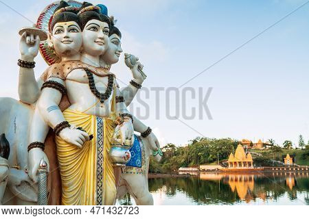 Three Gods Dattatreya Trimurti (divine Trinity) Sculpture In Grand Bassin Temple (ganga Talao) On Th