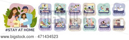Coronavirus Quarantine, Stay At Home. People Sitting At Their Home, Play With Kids, Relaxing On Sofa