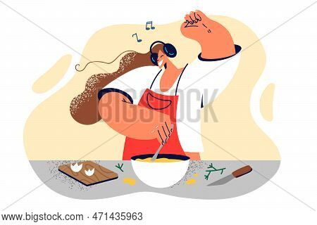 Woman Housewife Cook Breakfast Dancing Listening To Incendiary Music Enjoying Weekend Morning. Girl 