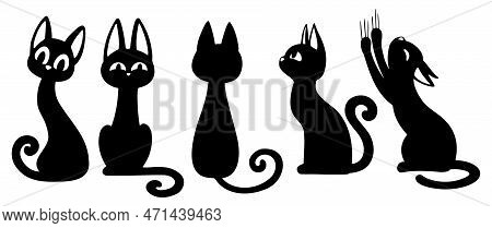 Black Cats Silhouettes Set For Halloween And Other. Cat Shapes Isolated On White Background. Cute Ca