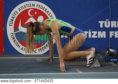 Istanbul, Turkey - March 05, 2022: Anita Horvat Running During Balkan Athletics Indoor Championships