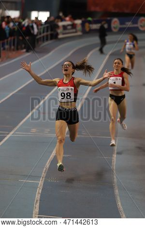 Istanbul, Turkey - March 05, 2022: Silan Ayyildiz Running During Balkan Athletics Indoor Championshi