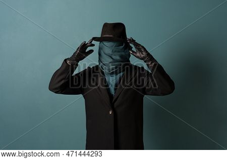 Unknown. Nobody, The Concept Of The Identity Crisis. An Impersonal Person. A Person In A Coat And Ha
