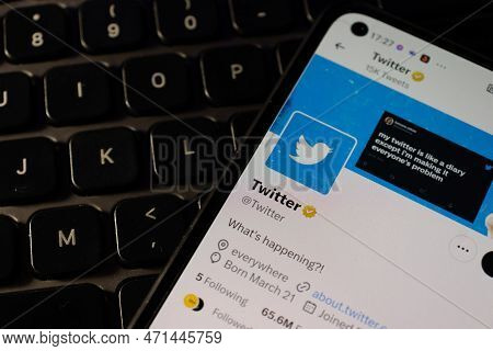 Warsaw Poland - February 22, 2023: Smartphone With Twitter Logo On The Screen. Mobile Phone Is On La