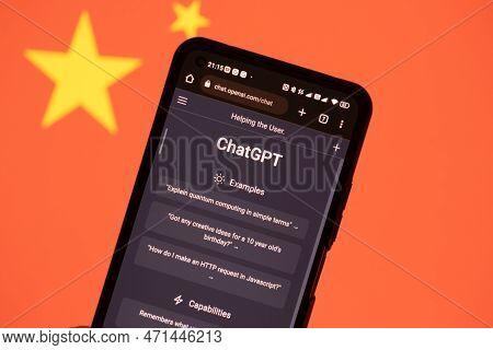 Warsaw Poland - February 24, 2023: Chatgpt Chat Bot On Smartphone Screen And China Flag In Backgroun