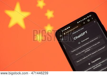 Warsaw Poland - February 24, 2023: Chatgpt Chat Bot On Smartphone Screen And China Flag In Backgroun
