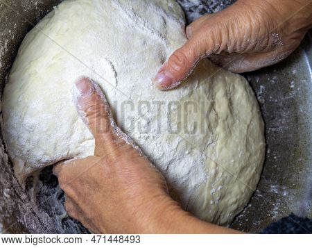 Raw Thick Dough In The Hands Of A Woman Baker. Ready Dough For Baking In A Pan. Test Batch. Cook's H