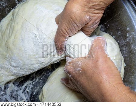 Raw Thick Dough In The Hands Of A Woman Baker. Ready Dough For Baking In A Pan. Test Batch. Cook's H