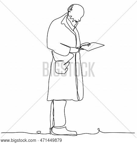 A Old Doctor With A Beard In A Bathrobe Reads A Sick Patient's Card In One Line On A White Backgroun