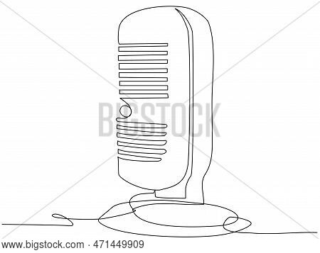 Round Studio Microphone In One Line On A White Background. The Concept Of Audio Podcast, Stream, Stu