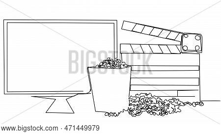 Large Tv Monitor, Movie Clapperboard And Popcorn In One Line. The Concept Of Watching A Movie At Hom