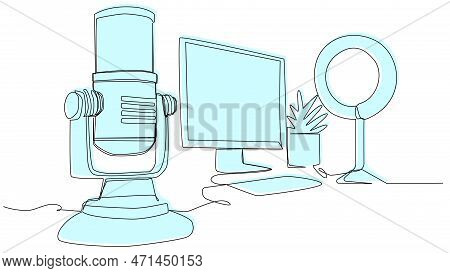 Studio Microphone With A Computer And A Lamp In One Line On A White Background. The Concept Of The A