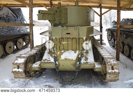 Krasnoe Selo, Russia - February 19, 2023: Soviet Light Tank Bt-7 With A Short-barreled 76 Mm Gun Clo