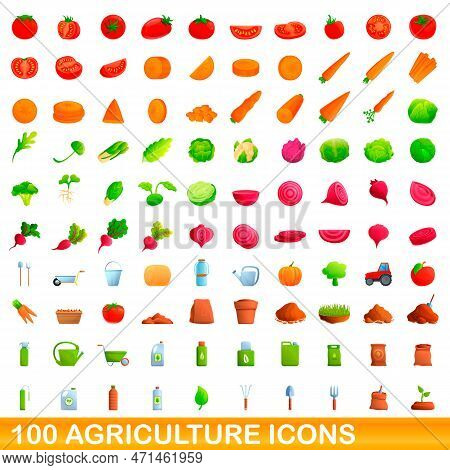 100 Agriculture Icons Set. Cartoon Illustration Of 100 Agriculture Icons Set Isolated On White Backg