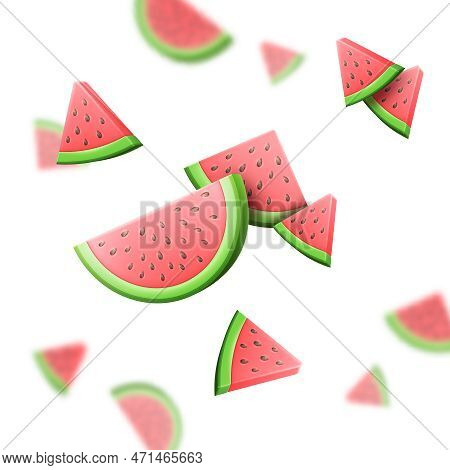 3d Watermelon Fruits, Tropical Food. Fresh Colors, Portion Of Summer In Abstract Motion, Sections Fr