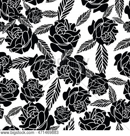Seamless Black And White Abstract Vector Leaves And Roses.