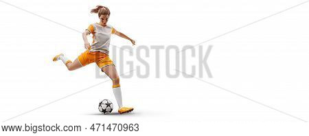 Ralistic Silhouette Of Football Soccer Player Woman In Action Isolated White Background.