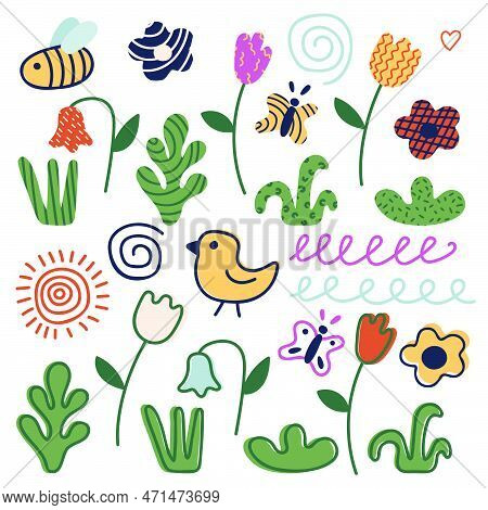 A Set Of Plants And Insects - Grass, Flowers, Bee, Bird, Butterfly, Sun, Doodles, Figures With Textu
