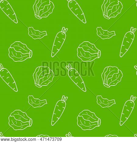 Seamless Pattern With Brussels Sprouts And Carrots In Doodle Style. Vector Image.