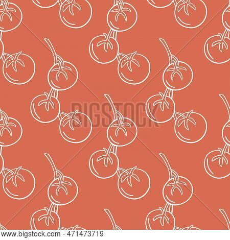 Seamless Pattern With Tomatoes On A Twig In The Style Of A Doodle. Vector Image.