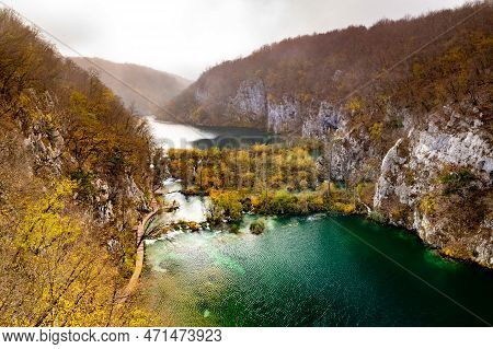 Plitvice Lakes National Park During Colorful Autumn, Croatia, Europe. Fall Colors Leafs On Trees. Wa